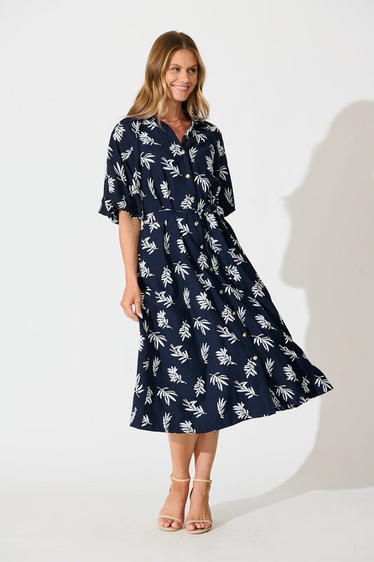 Jasmine Midi Shirt Dress in Navy with White Leaf