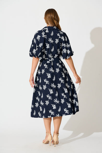 Jasmine Midi Shirt Dress in Navy with White Leaf