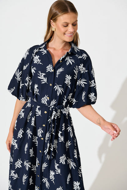 Jasmine Midi Shirt Dress in Navy with White Leaf