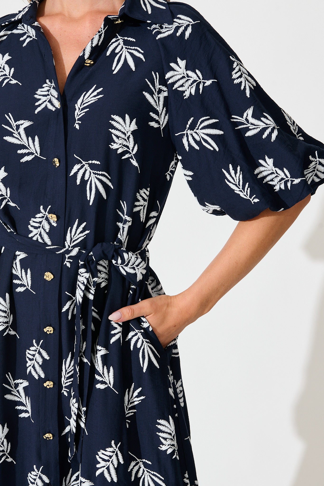 Jasmine Midi Shirt Dress in Navy with White Leaf