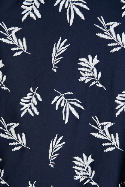 Jasmine Midi Shirt Dress in Navy with White Leaf