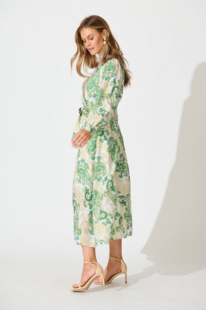 Eliza Maxi Dress in White and Green Leaf Print