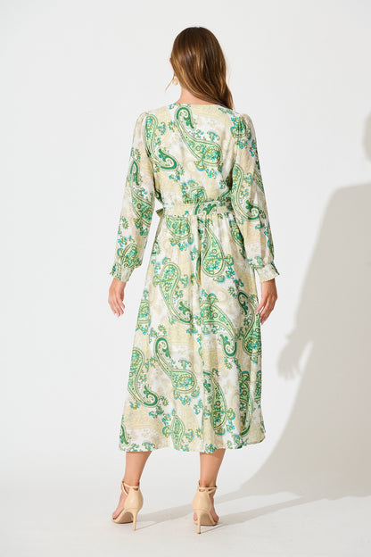 Eliza Maxi Dress in White and Green Leaf Print