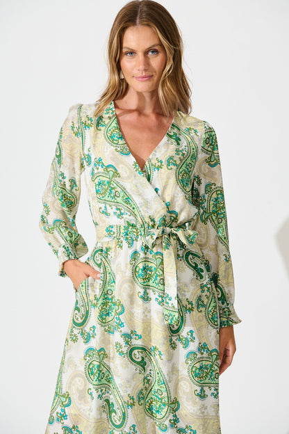 Eliza Maxi Dress in White and Green Leaf Print