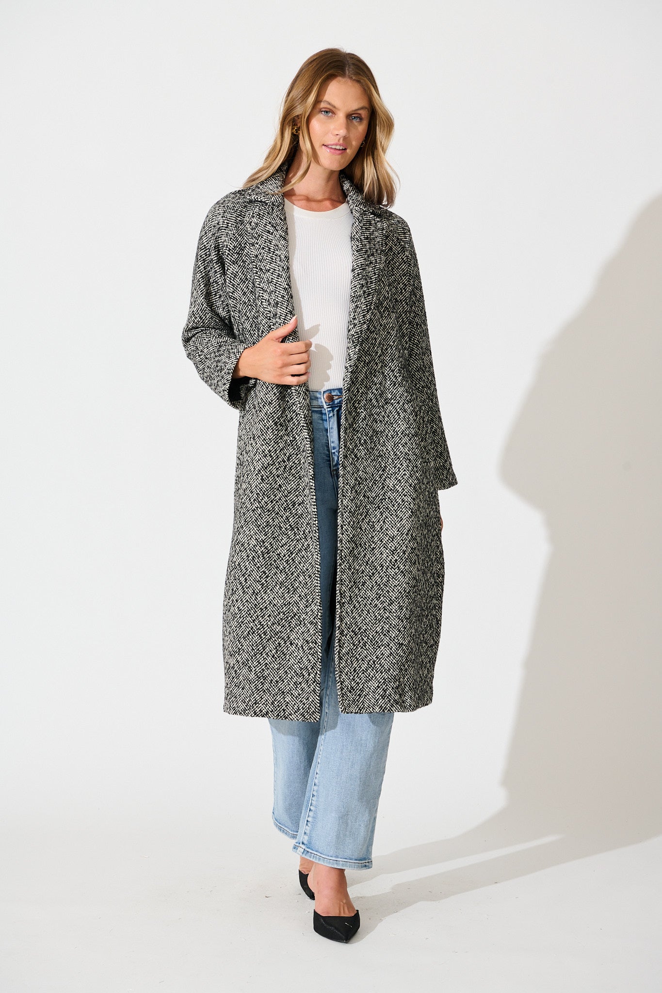 Decadence Coat in Black and White Herringbone