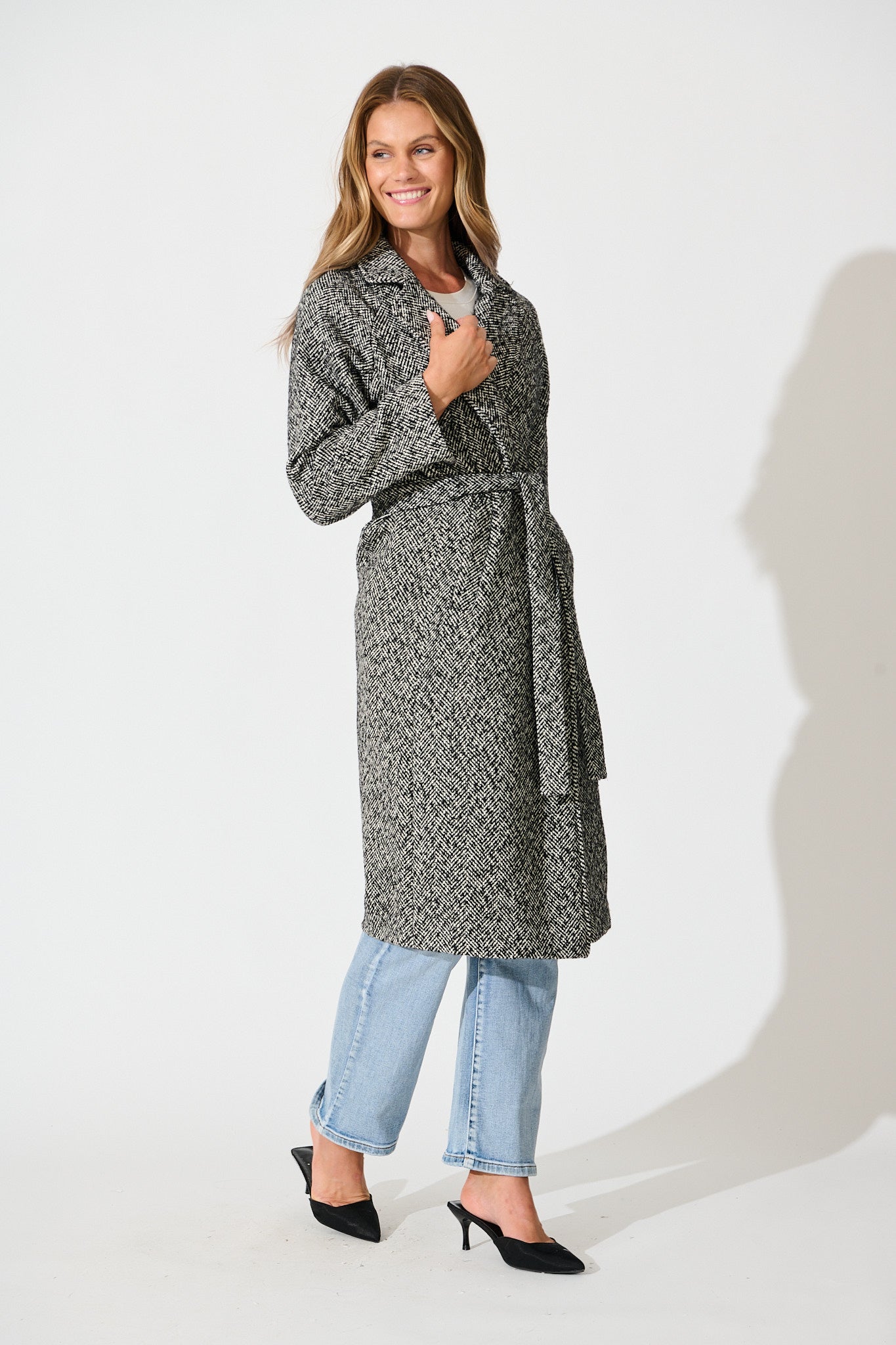 Decadence Coat in Black and White Herringbone