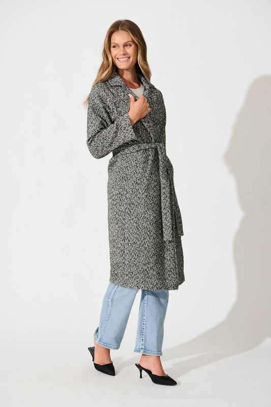 Decadence Coat in Black and White Herringbone