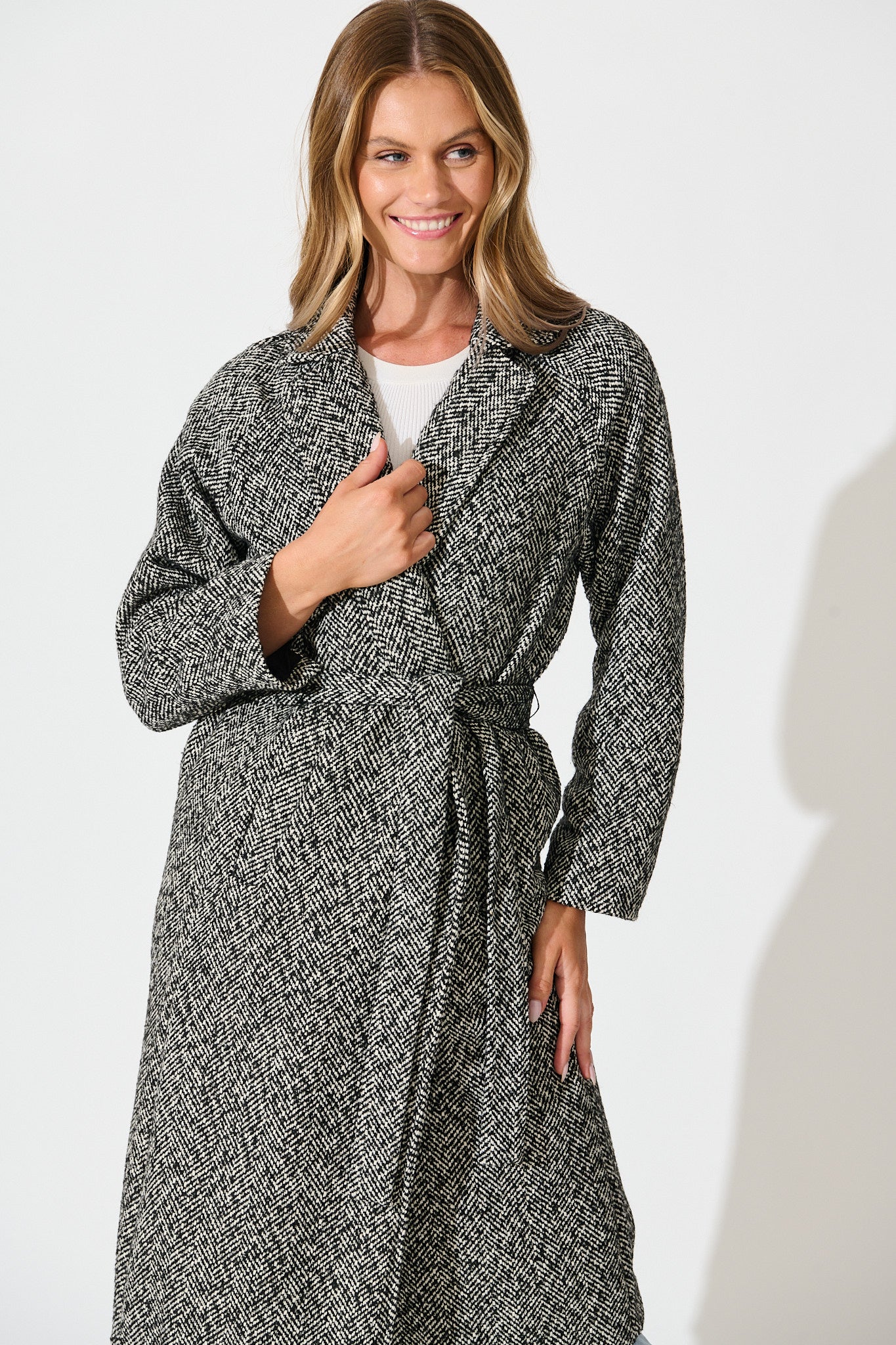 Decadence Coat in Black and White Herringbone