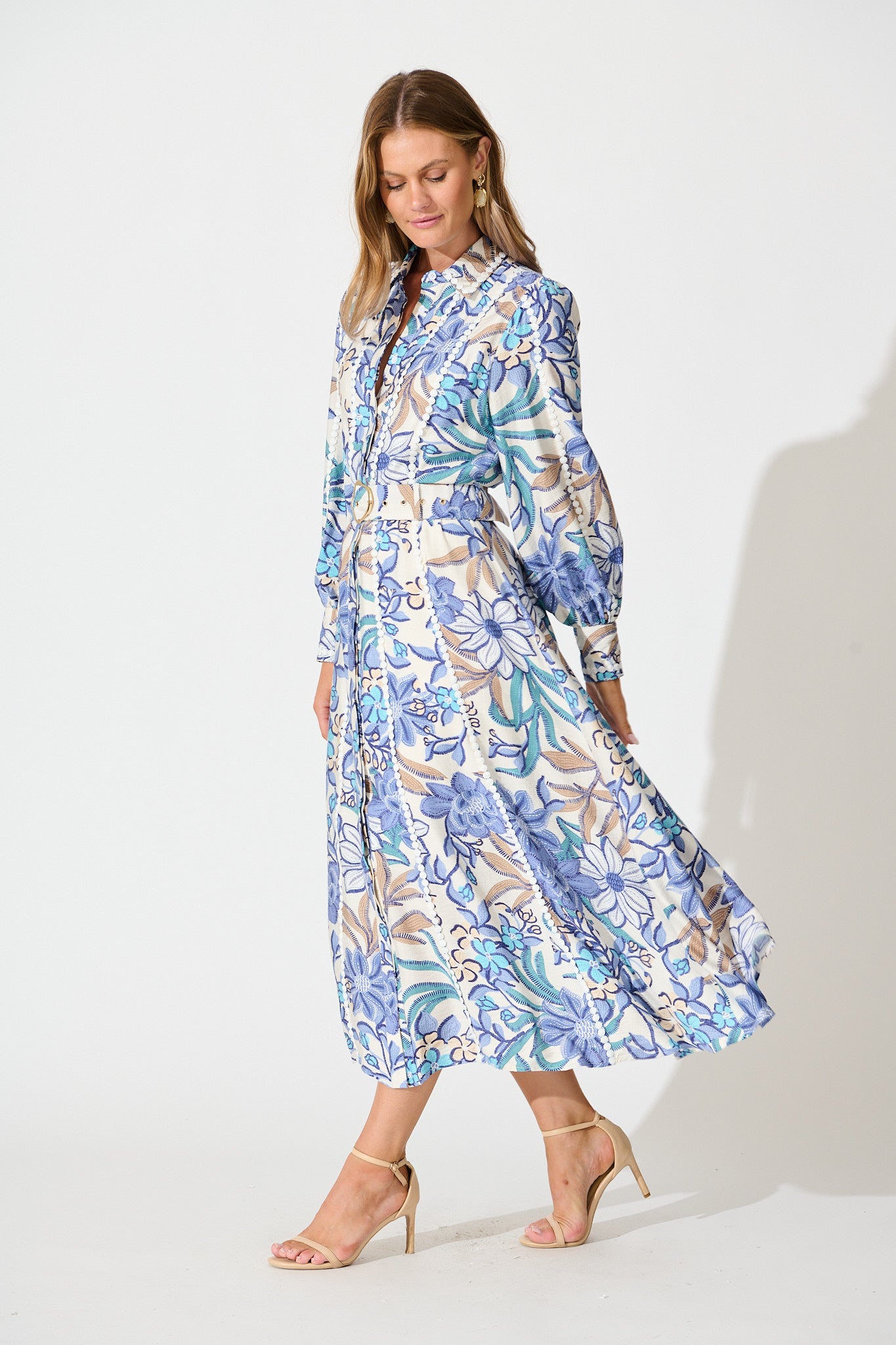 Lovingly Maxi Shirt Dress in Blue Floral with Contrast Trim