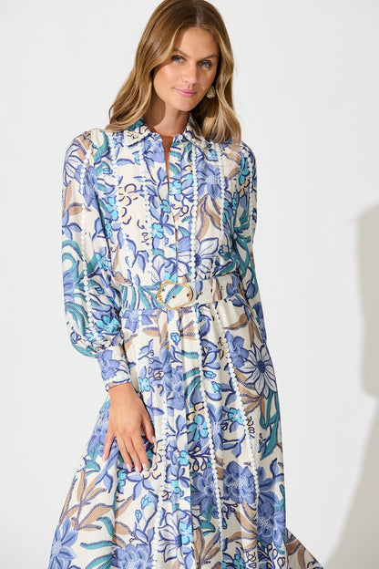 Lovingly Maxi Shirt Dress in Blue Floral with Contrast Trim