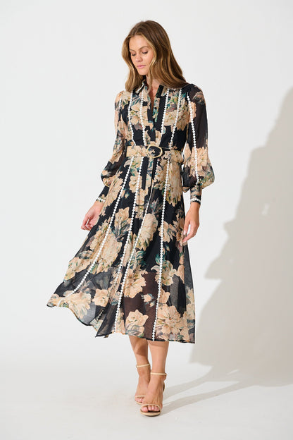 Lovingly Maxi Shirt Dress in Black Floral with Contrast Trim