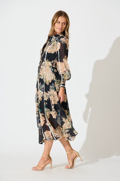 Lovingly Maxi Shirt Dress in Black Floral with Contrast Trim