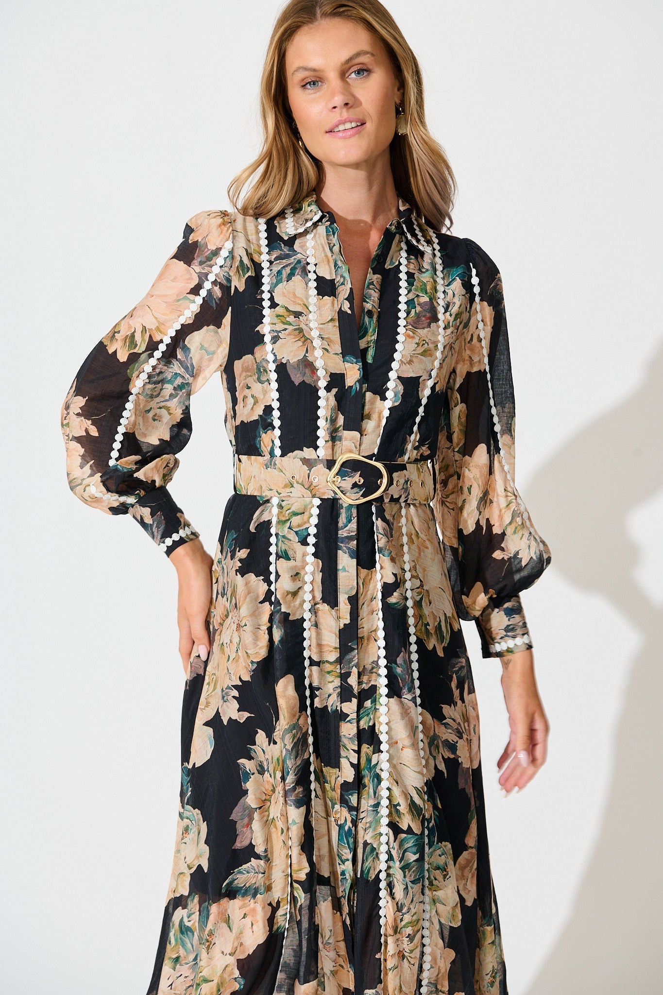 Lovingly Maxi Shirt Dress in Black Floral with Contrast Trim