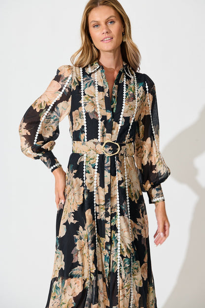 Lovingly Maxi Shirt Dress in Black Floral with Contrast Trim