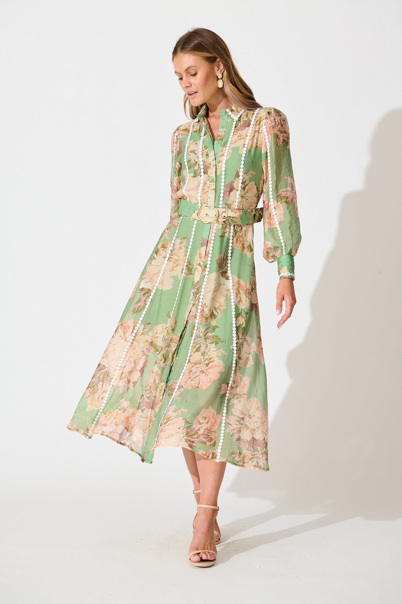 Lovingly Maxi Shirt Dress in Green Floral with Contrast Trim