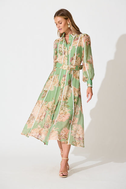 Lovingly Maxi Shirt Dress in Green Floral with Contrast Trim