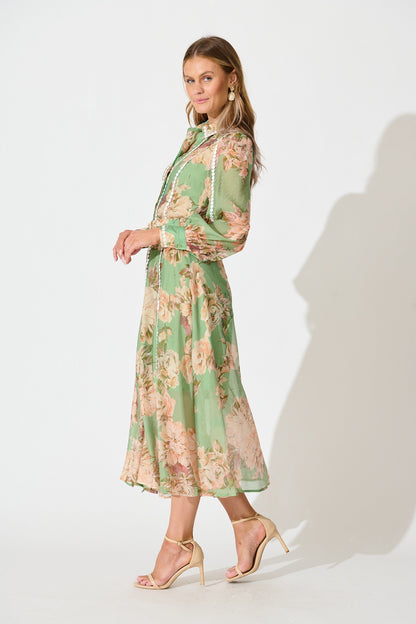 Lovingly Maxi Shirt Dress in Green Floral with Contrast Trim