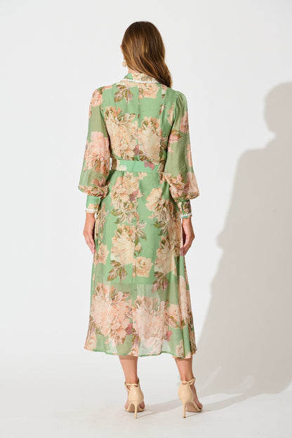 Lovingly Maxi Shirt Dress in Green Floral with Contrast Trim