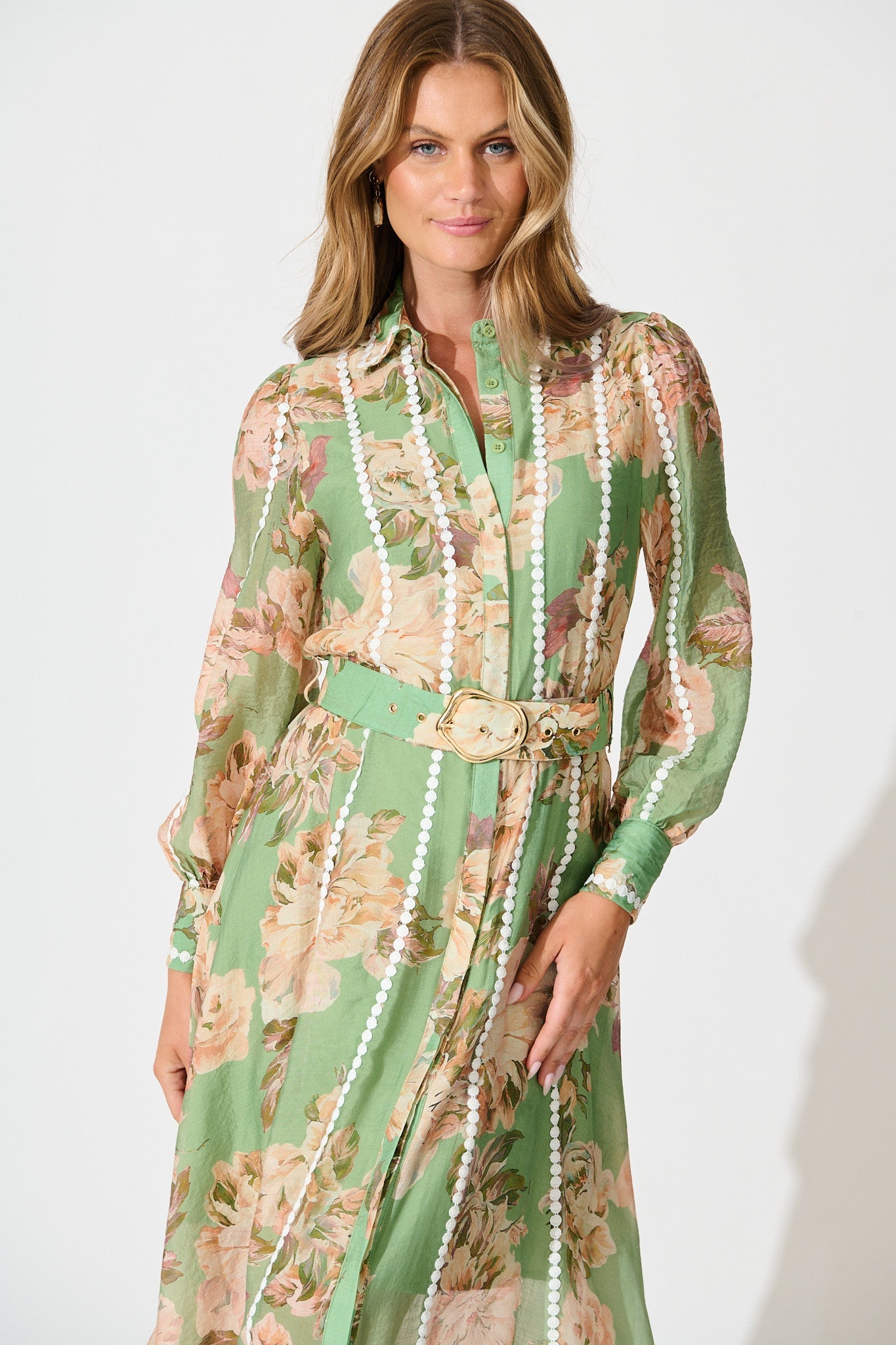 Lovingly Maxi Shirt Dress in Green Floral with Contrast Trim