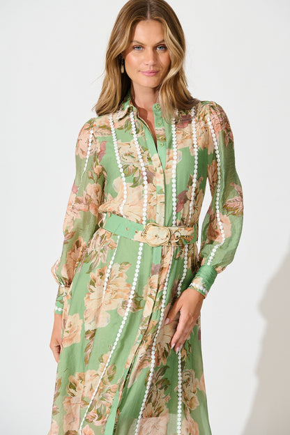 Lovingly Maxi Shirt Dress in Green Floral with Contrast Trim