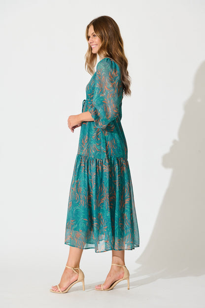 Fatal Attraction Midi Dress in Blue with Multi Print Chiffon