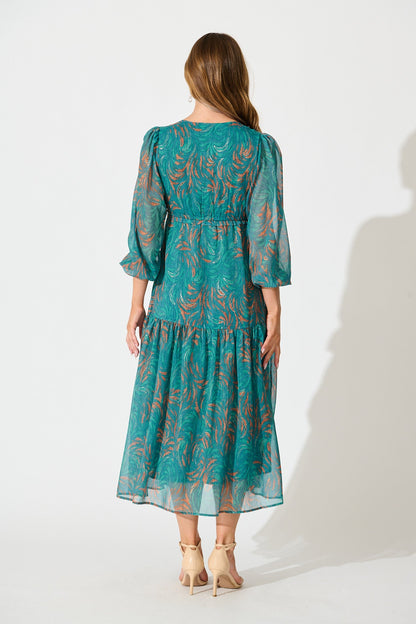 Fatal Attraction Midi Dress in Blue with Multi Print Chiffon