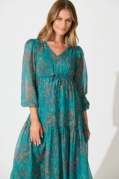 Fatal Attraction Midi Dress in Blue with Multi Print Chiffon