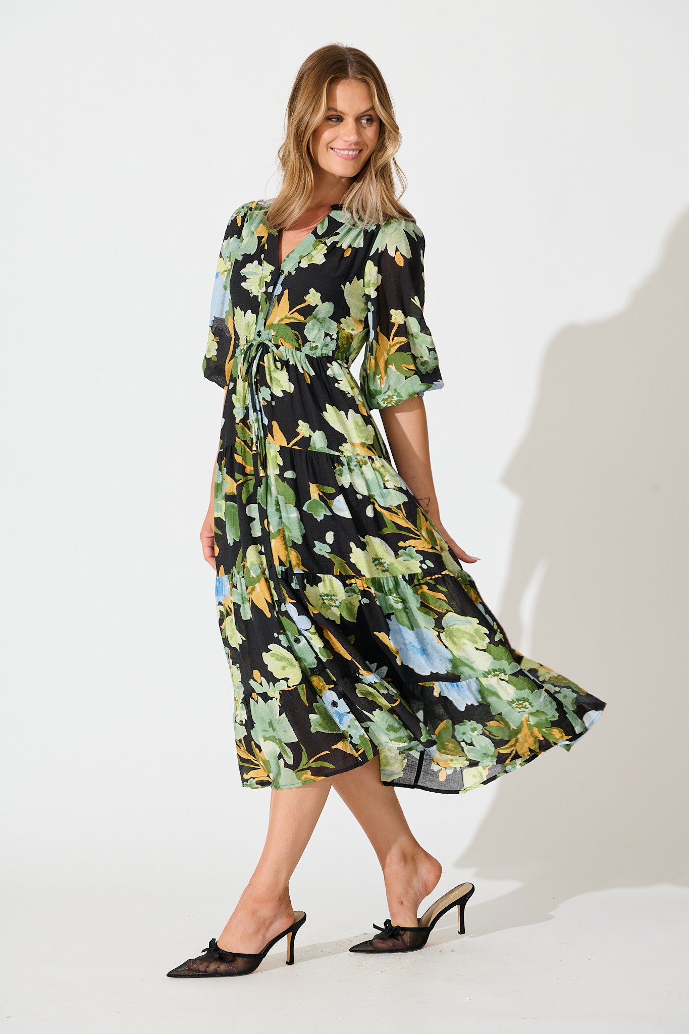 Sheer Bliss Midi Dress in Multi Black Floral