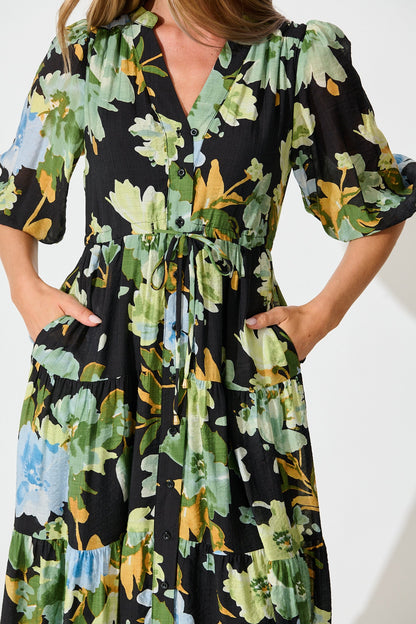 Sheer Bliss Midi Dress in Multi Black Floral