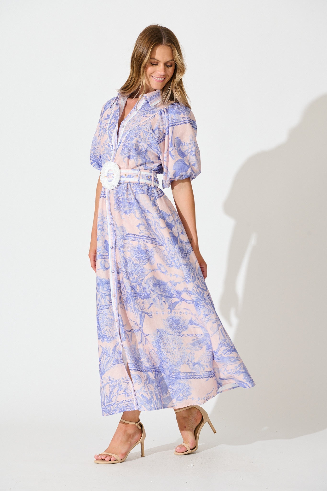 Garden Spritz Maxi Shirt Dress in Blush with Blue Linen Blend