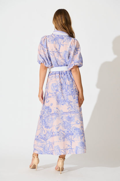 Garden Spritz Maxi Shirt Dress in Blush with Blue Linen Blend