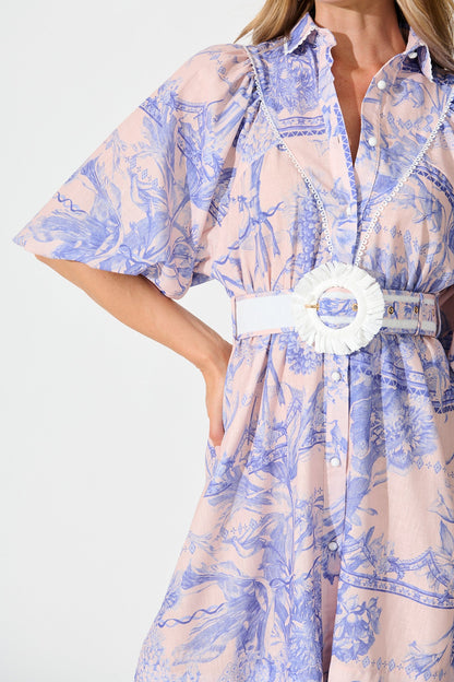 Botanical Bliss Shirt Dress in Blush with Blue Linen Blend