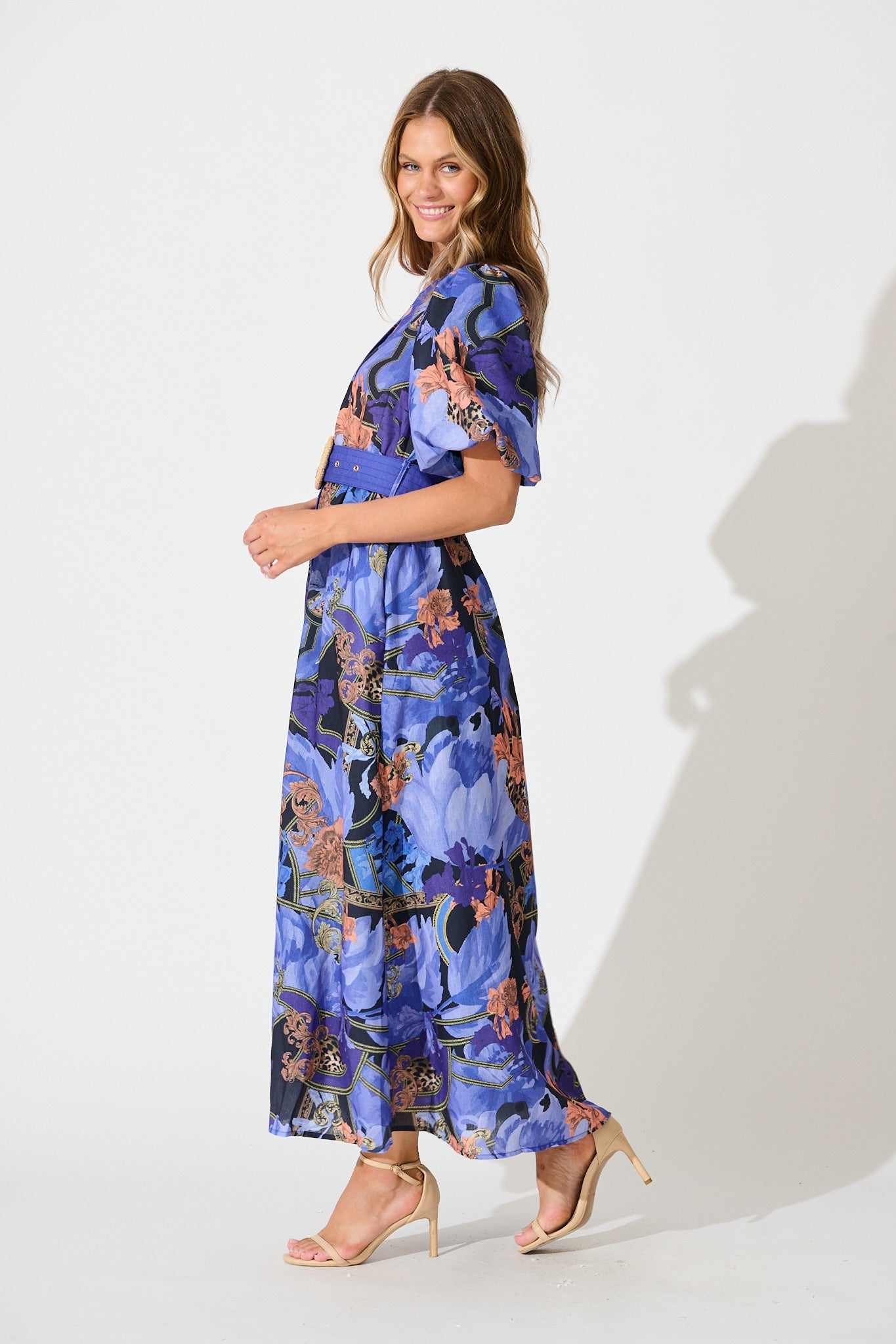 Mystical Bloom Maxi Dress in Blue with Multi Linen Blend