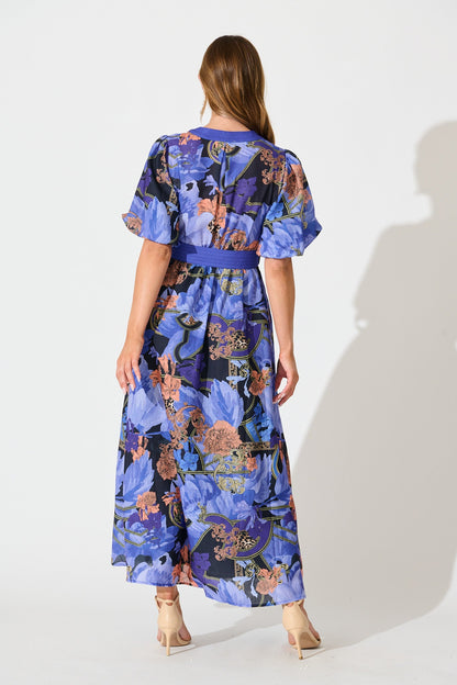 Mystical Bloom Maxi Dress in Blue with Multi Linen Blend