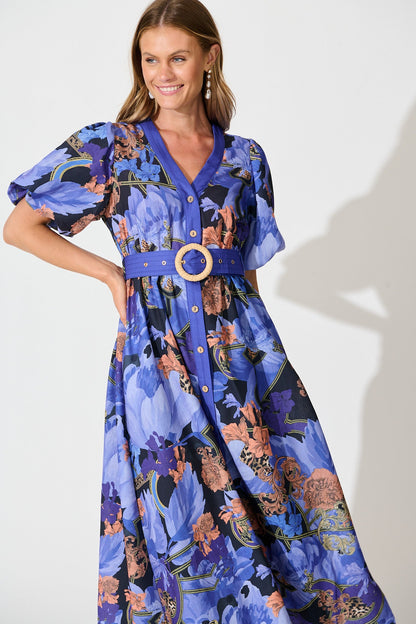 Mystical Bloom Maxi Dress in Blue with Multi Linen Blend