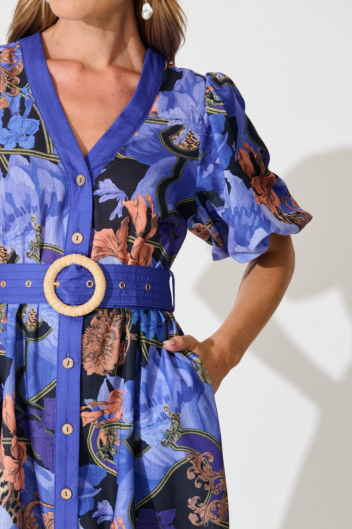 Mystical Bloom Maxi Dress in Blue with Multi Linen Blend