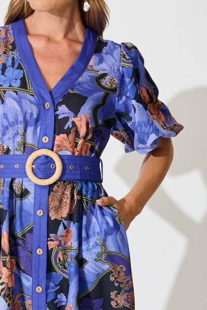 Mystical Bloom Maxi Dress in Blue with Multi Linen Blend