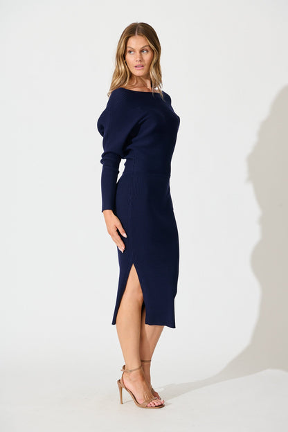 Kassia Off Shoulder Midi Knit Dress in Navy
