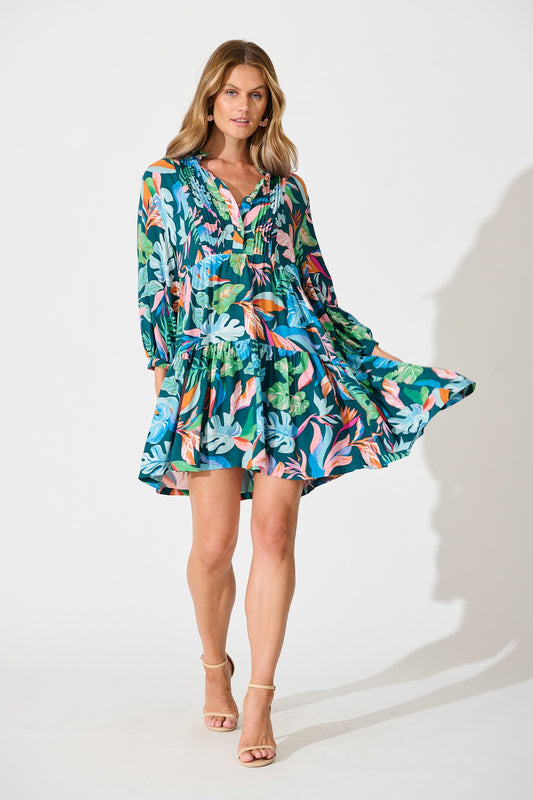 Caracelle Smock Dress in Teal with Multi Leaf Print
