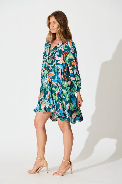 Caracelle Smock Dress in Teal with Multi Leaf Print