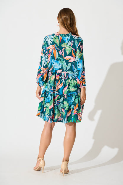 Caracelle Smock Dress in Teal with Multi Leaf Print