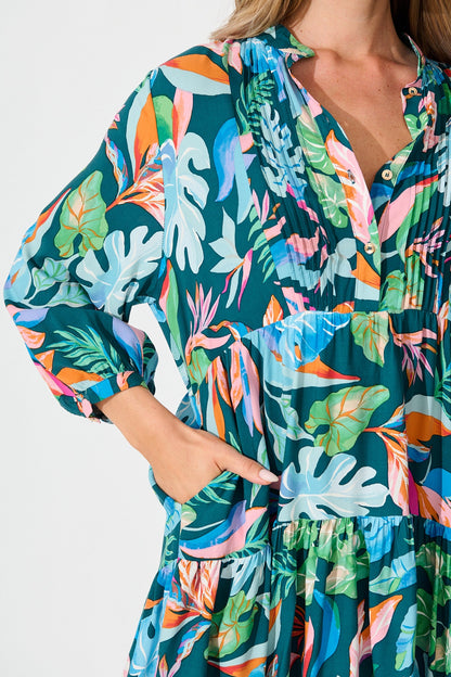 Caracelle Smock Dress in Teal with Multi Leaf Print