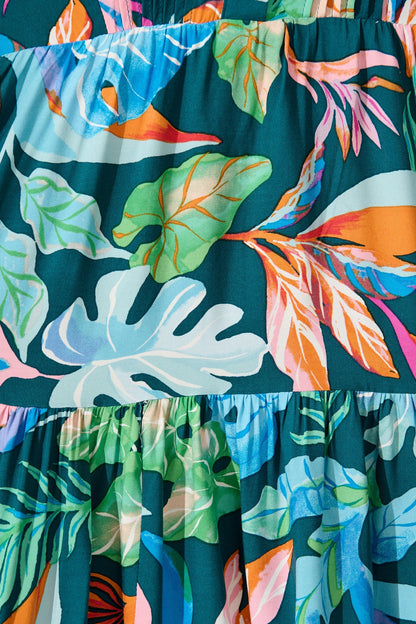 Caracelle Smock Dress in Teal with Multi Leaf Print