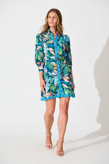 Amico Dress in Teal with Multi Leaf Print