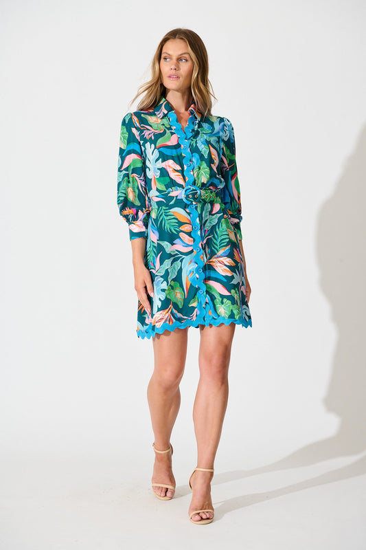 Amico Dress in Teal with Multi Leaf Print