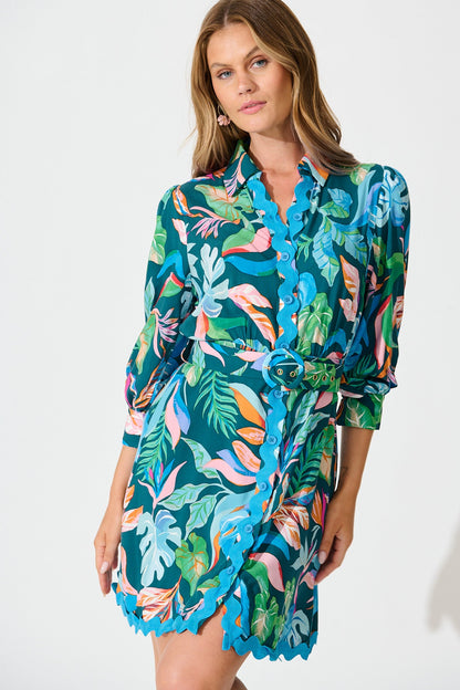 Amico Dress in Teal with Multi Leaf Print