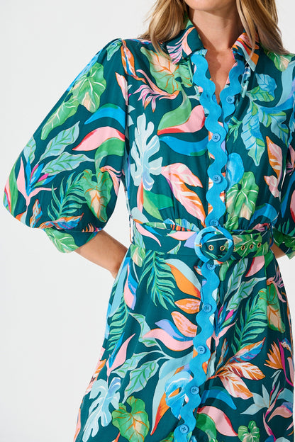 Amico Dress in Teal with Multi Leaf Print
