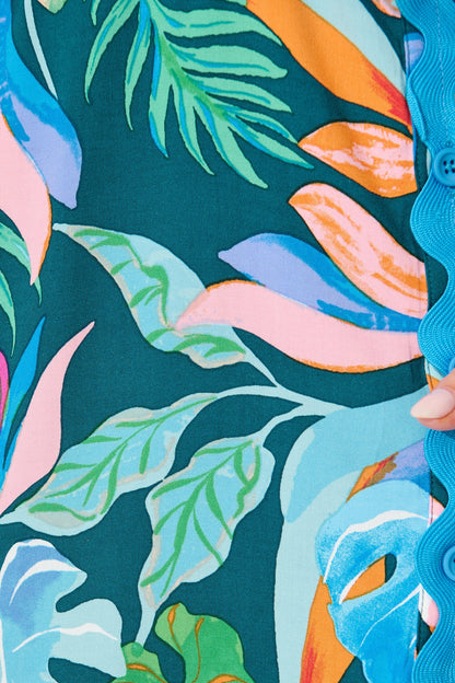 Amico Dress in Teal with Multi Leaf Print