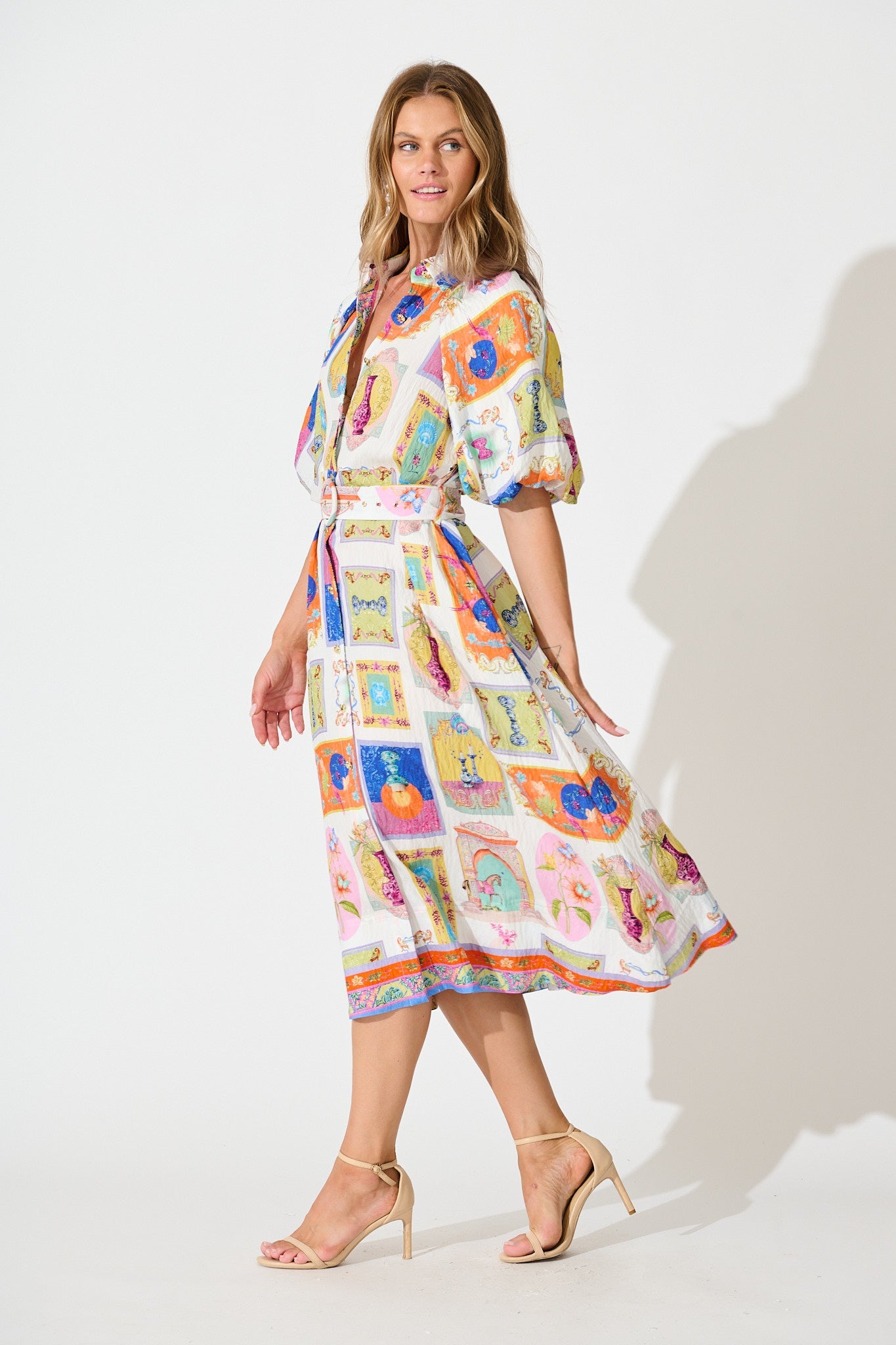 Serenity Midi Shirt Dress in Cream with Multi Conversational Print