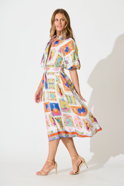Serenity Midi Shirt Dress in Cream with Multi Conversational Print